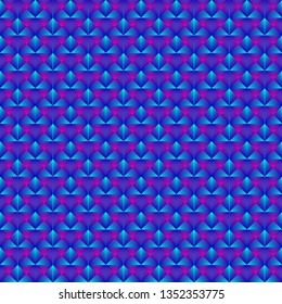 Chaotic pattern of blue diamonds and purple pyramids. Volumetric geometry for the background and design of strict elements.