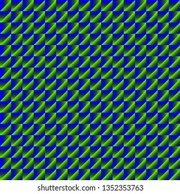 Chaotic pattern of blue rhombuses and green triangles in a zigzag. Volumetric geometry for the background and design of strict elements.