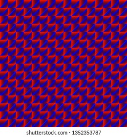 Chaotic pattern of blue rhombuses and red pyramids in a zigzag. Volumetric geometry for the background and design of strict elements.