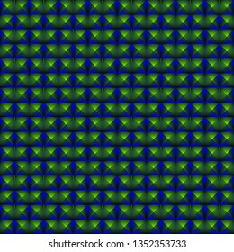 Chaotic pattern of dark blue rhombuses and green triangles in a zigzag. Volumetric geometry for the background and design of strict elements.
