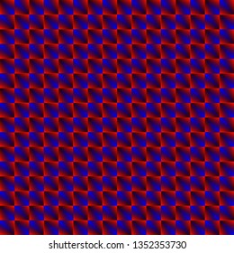 Chaotic pattern of dark red rhombuses and blue triangles in a zigzag. Volumetric geometry for the background and design of strict elements.