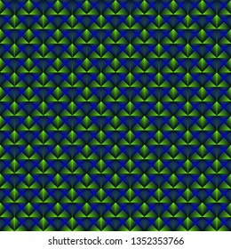 Chaotic pattern of green rhombuses and blue pyramids. Volumetric geometry for the background and design of strict elements.