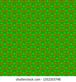 Chaotic pattern of green rhombuses and orange triangles in a zigzag. Volumetric geometry for the background and design of strict elements.