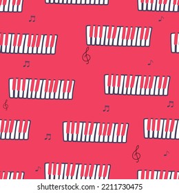 Chaotic Pianoforte musical grand piano octaves, sketch drawing. Vector seamless doodle square pattern with hand drawn piano, harpsichord keys. Musical octave.
