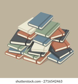 Una pila caótica de varios cuadernos, algunos abiertos, algunos cerrados, en diferentes colores y tamaños, creando una composición visualmente interesante.
