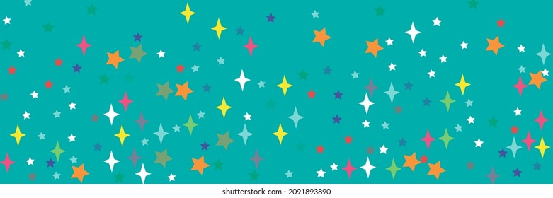 Chaotic Print Bright Blue Vibrant Pastel Yellow Stars Ornament. Indigo Sea Red Turquoise Colorful Pink Violet Orange Sky Background. Multicolor Stars Vivid Green Azure White Lavender Illustration.