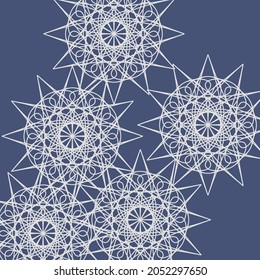 Chaotic Print Frost Calm Mandala Ice Lace Cold Background. Luxury Dark Pastel Grey Blue White Light Ornamental Ornament. Winter Silver Mystery Vintage Indigo Folk Complicated Stars Design Pic.