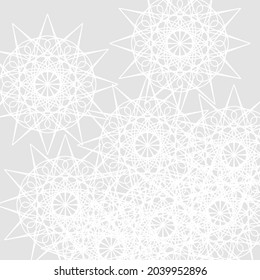 Chaotic Print Silver Calm Light Sharp Complicated Cold Background. Lace Stars Mystery Folk Pastel Monochrome Grey Mandala Wallpaper. Frost White Soft Winter Ice Ornamental Luxury Satanic Ornament.