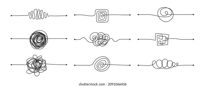 Chaotic process set. Mindset tangle concept, hand drawn doodle scrawl, mess scribble arrow, abstract scribbles, chaos doodles, difficult thought process