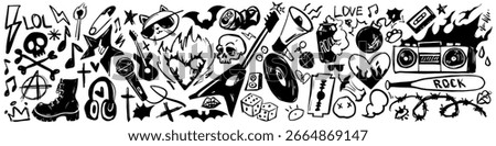 Chaotic punk rock doodle set with skulls, lightning bolts and rebellious graffiti elements for alternative music art. Boombox with boots, bats and anarchy symbols for underground culture designs.