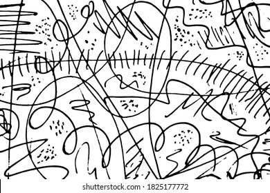 Chaotic random lines, scrawl, dots and spots. Monochrome background of hand-drawn doodles. Overlay template. Vector illustration