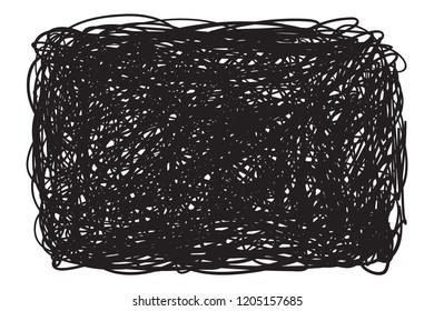 Chaotic rectangle shape on white. Abstract tangled texture. Hand drawn dinamic scrawls. Scribble background with stripes. Universal linen pattern. Line art creation. Elements for posters and flyers