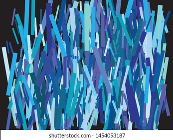 Chaotic rectangles on black background. Fresh element of design. Vector illustration concept. Blue elegant trendy pattern for paper packaging, greeting card, banner, invitation, postcard.