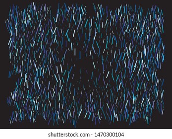 Chaotic rectangles on black background. Magic element of design. Vector illustration object. Blue elegant trendy pattern for paper packaging, greeting card, banner, invitation, postcard.