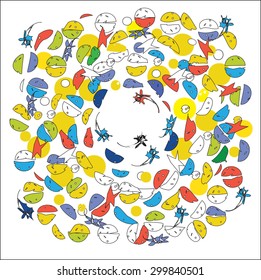 Chaotic rotating shapes around the center, drawn pattern on white