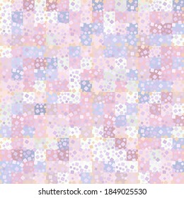 Chaotic rounded squares that form a checkered pattern, against a background of multi-colored rows of squares. Spring colors. Seamless pattern.