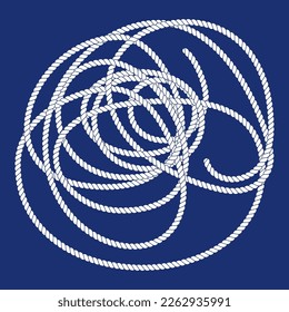 Chaotic scrawl marine rope line. Wavy tangled insane knot. Flat cartoon vector border.