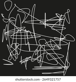 Ícone de rabisco caótico. Teia de linha emaranhada. Reticulado de curso dinâmico. Fundo preto vetorial.