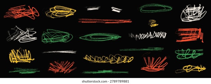 Chaotic scribble with paint chalk and expressive scratch for poster or creative merch. Messy highlight brush in chaotic scribble emphasis. Hand drawn abstract shapes vector pack isolated on blackboard