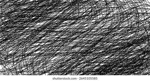 Padrão caótico de rabiscos. Linhas escuras abstratas desenhadas à mão emaranhadas aleatoriamente sobre fundo branco. Textura de esboço confusa para projetos artísticos ou conceitos de estresse. Ilustração vetorial na moda.