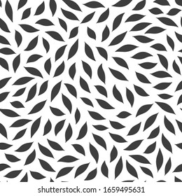 Chaotic seamless doodle organic monochrome leaves on dark background. Pattern with leaf silhouettes. Black and white floral seasonal texture. Vector Illustration. 