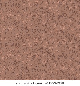 Chaotic seamless pattern with abstract bubbles and round shapes in trendy Mocha Mousse colors. Perfect for wrapping, kids design, packaging, and retro projects with a soft vibe