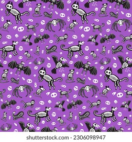Chaotic seamless pattern with spooky Halloween elements skeletons and skulls of animals and birds. Ornament for printing on fabric, cover and packaging. Simple abstract minimalistic vector purple back