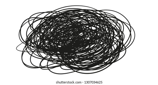 Chaotic shape on white. Abstract tangled texture. Hand drawn dinamic scrawls. Black and white illustration. Background with lines. Universal pattern. Art creation