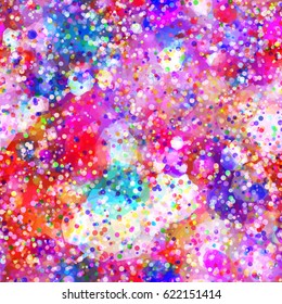 Chaotic spots and confetti mix random. Polka dots pattern on grunge paint background. Abstract seamless texture for fabric, wrapping, home decor. Watercolor effect