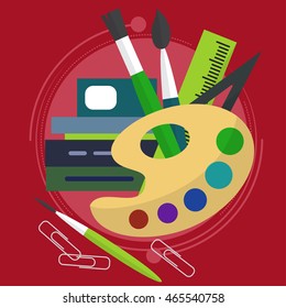 Chaotic spread the paint with brushes, books and paper clips as well as a line. Back to school. Drawing lesson. Vector illustration