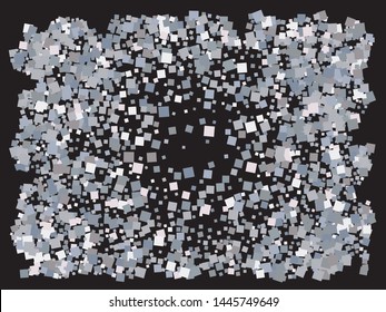 Chaotic squares on black background. Vector illustration flyer. Geometric element of design. Silver elegant trendy pattern for paper packaging, greeting card, banner, invitation, postcard.