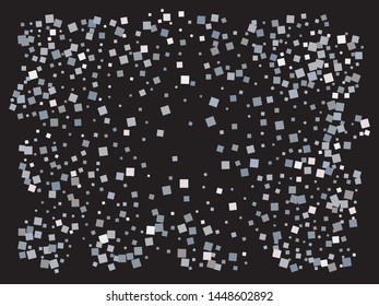 Chaotic squares on black background. Unusual element of design. Vector illustration vintage. Silver elegant trendy pattern for paper packaging, greeting card, banner, invitation, postcard.