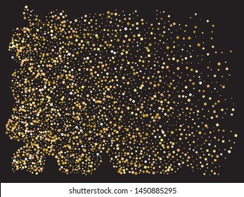 Chaotic squares on black background. Vector illustration space. Random element for your design. Gold elegant trendy pattern for paper packaging, greeting card, banner, invitation, postcard.