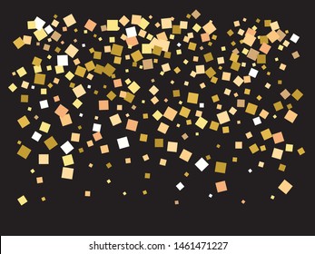 Chaotic squares on black background. Vector illustration layout. Fresh element for your design. Gold elegant trendy pattern for paper packaging, greeting card, banner, invitation, postcard.