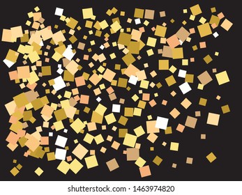 Chaotic squares on black background. Random element for your design. Vector illustration poster. Gold elegant trendy pattern for paper packaging, greeting card, banner, invitation, postcard.