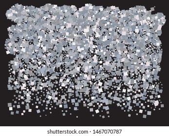 Chaotic squares on black background. Graphic element of design. Vector illustration backdrop. Silver elegant trendy pattern for paper packaging, greeting card, banner, invitation, postcard.