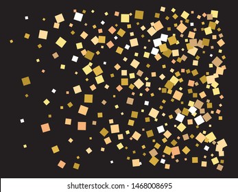 Chaotic squares on black background. Vector illustration flyer. Graphic element for your design. Gold elegant trendy pattern for paper packaging, greeting card, banner, invitation, postcard.