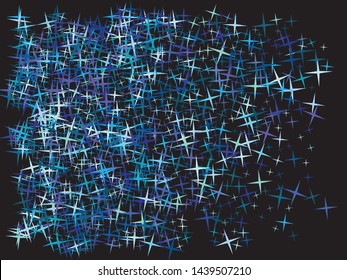 Chaotic stars on black background. Vintage glitter design's elements. Vector illustration poster. Blue elegant trendy pattern for paper packaging, greeting card, banner, invitation, postcard.