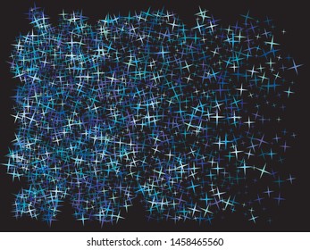 Chaotic stars on black background. Vector illustration effect. Random glitter design's elements. Blue elegant trendy pattern for paper packaging, greeting card, banner, invitation, postcard.