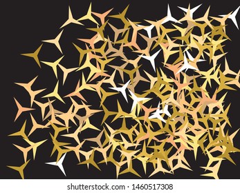 Chaotic stars on black background. Vector illustration space. Random glitter design's elements. Gold elegant trendy pattern for paper packaging, greeting card, banner, invitation, postcard.