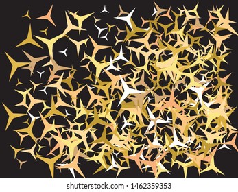 Chaotic stars on black background. Vector illustration theme. Fresh glitter design's elements. Gold elegant trendy pattern for paper packaging, greeting card, banner, invitation, postcard.