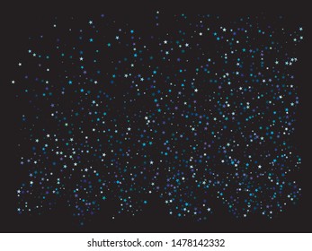 Chaotic stars on black background. Vector illustration flyer. Stylish glitter design's elements. Blue elegant trendy pattern for paper packaging, greeting card, banner, invitation, postcard.