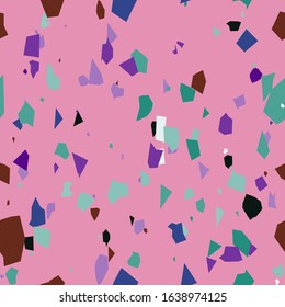 Chaotic stone terrazzo seamless pattern on pink background. Granite fragments texture. Vector illustration.