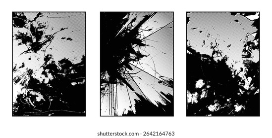 Chaotic strokes: an expressive abstract grunge triptych rendered in halftone black and white – a striking vector composition of ink, texture, and contemporary visual chaos.