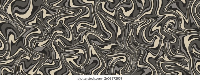 A chaotic, swirling marbled pattern in beige, black, and muted gray tones. The fluid, organic motion creates a psychedelic, camouflage-like visual that feels both vintage and abstract.