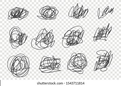 Chaotic tangled scrawls vector illustrations set. Sloppy ink pen strokes, random scribbles pack. Various black thin line knots isolated on transparent background. Childish doodle drawings collection