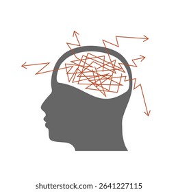 Chaotic thinking process. Arrow lines from human head. Business solution, possible idea variant, various flexible. What If problem solving ways