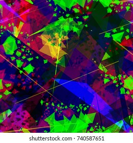 Chaotic triangles like crystals. Green, blue, yellow, purple colors. Seamless texture. Abstract vector background for web page, banners, fabric, home decor, wrapping