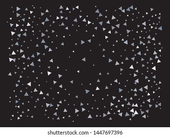 Chaotic triangles on black background. Graphic design's elements. Vector illustration object. Silver elegant trendy pattern for paper packaging, greeting card, banner, invitation, postcard.