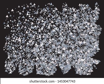 Chaotic triangles on black background. Vector illustration object. Magic design's elements. Silver elegant trendy pattern for paper packaging, greeting card, banner, invitation, postcard.